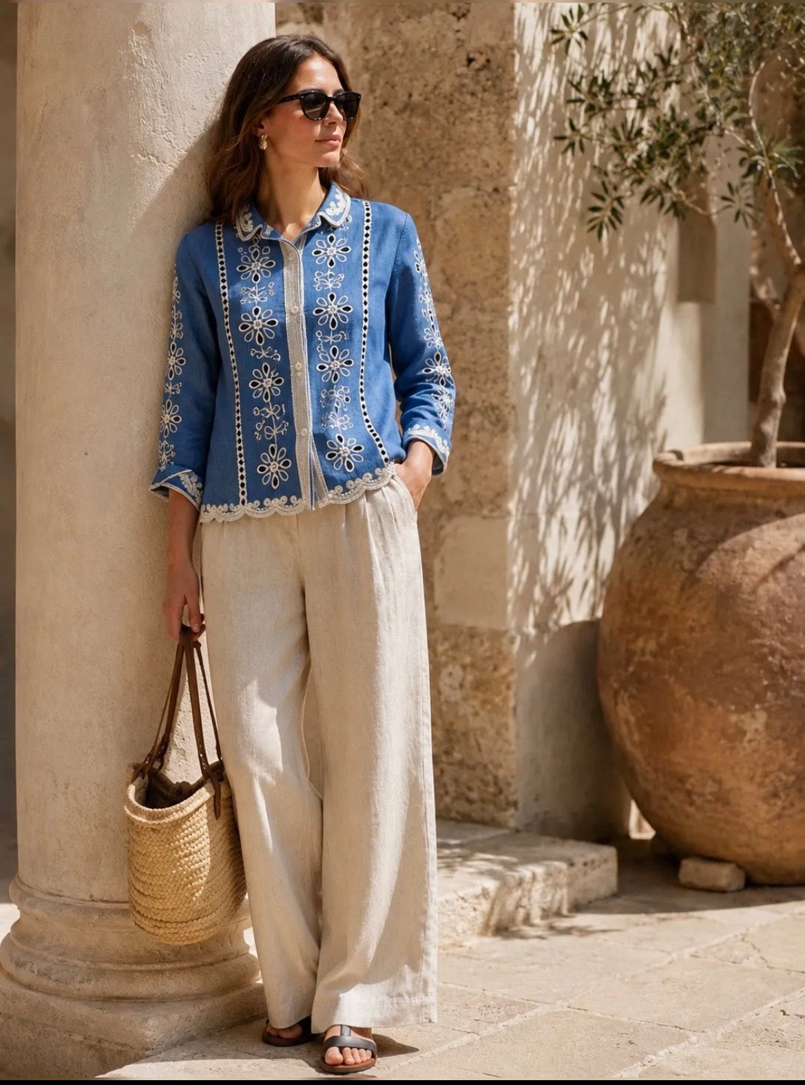 Chemise En coton Effet Jean Brodé Ajouré