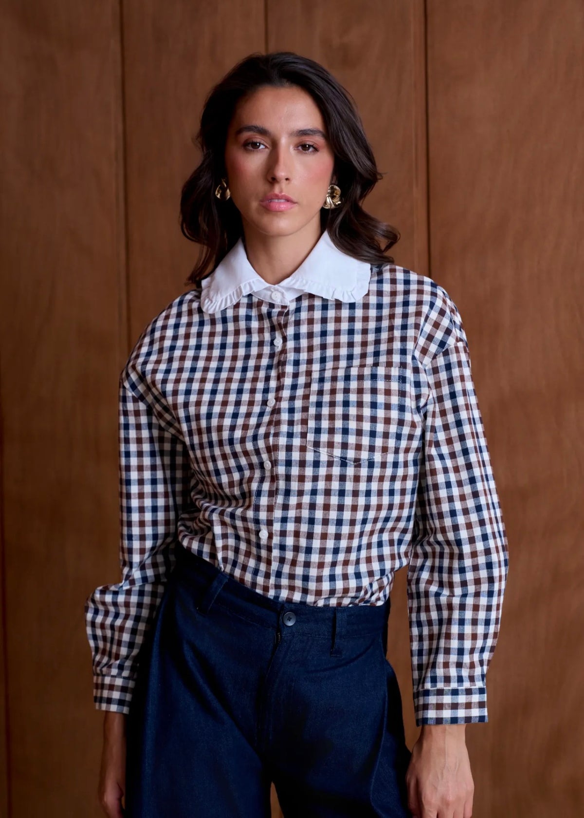 Chemise à carreaux vichy et col Claudine volanté