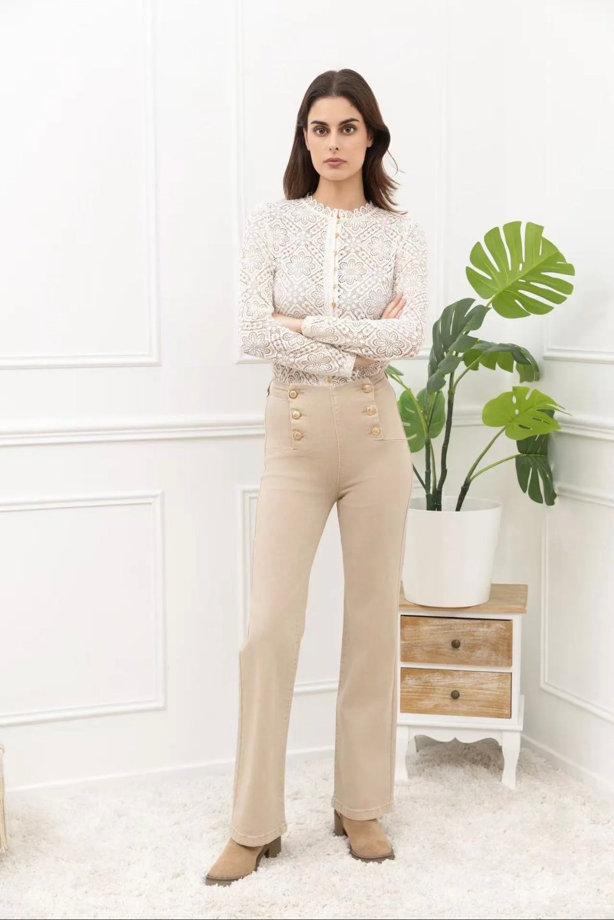 Jean Flare Beige à Pont – Coupe Évasée & Taille Haute