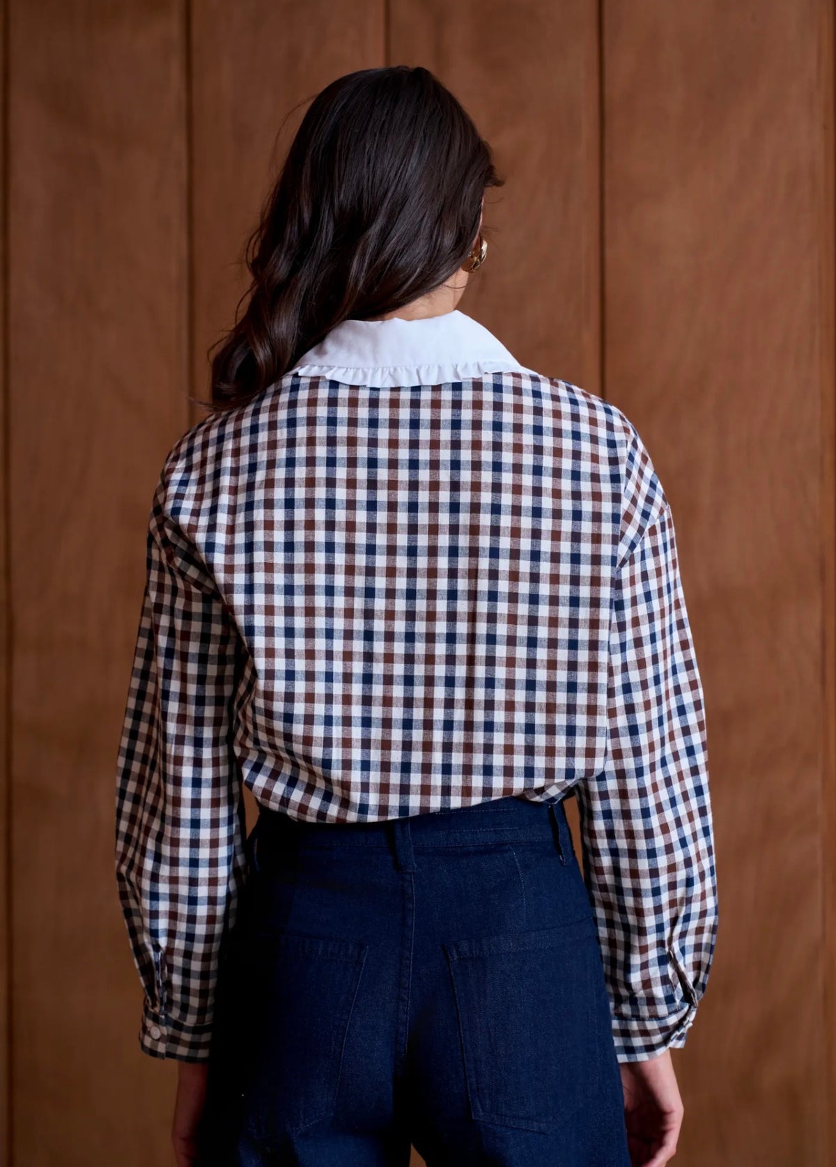 Chemise à carreaux vichy et col Claudine volanté