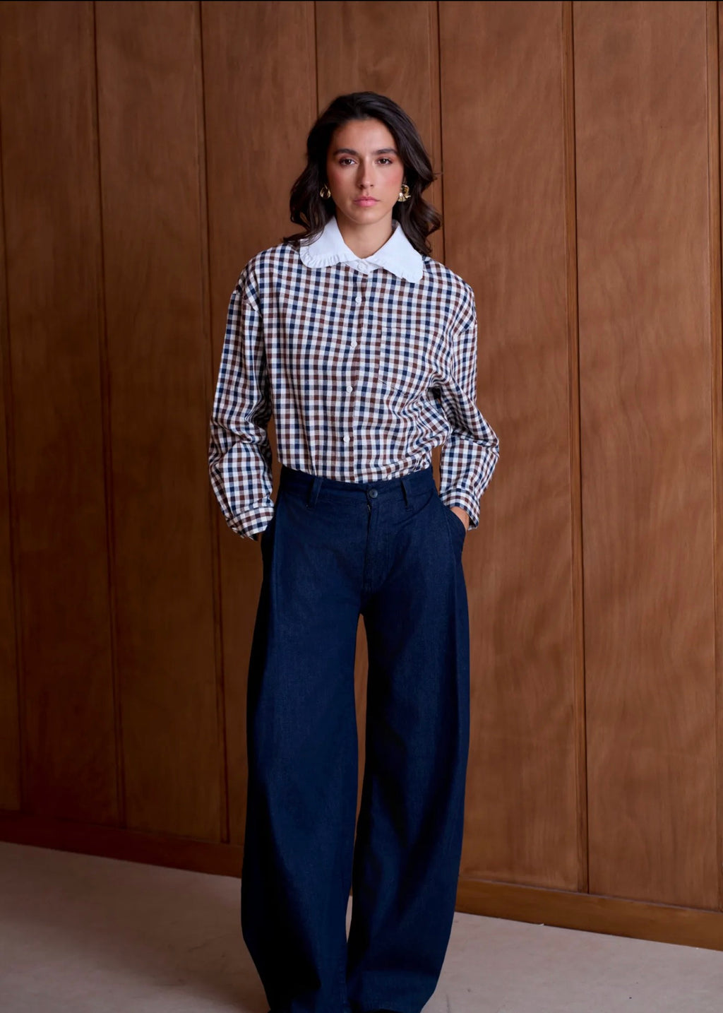 Chemise à carreaux vichy et col Claudine volanté