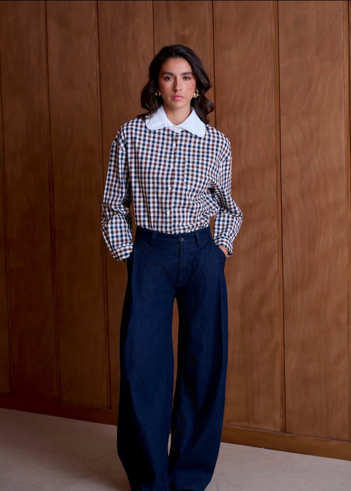 Chemise à carreaux vichy et col Claudine volanté