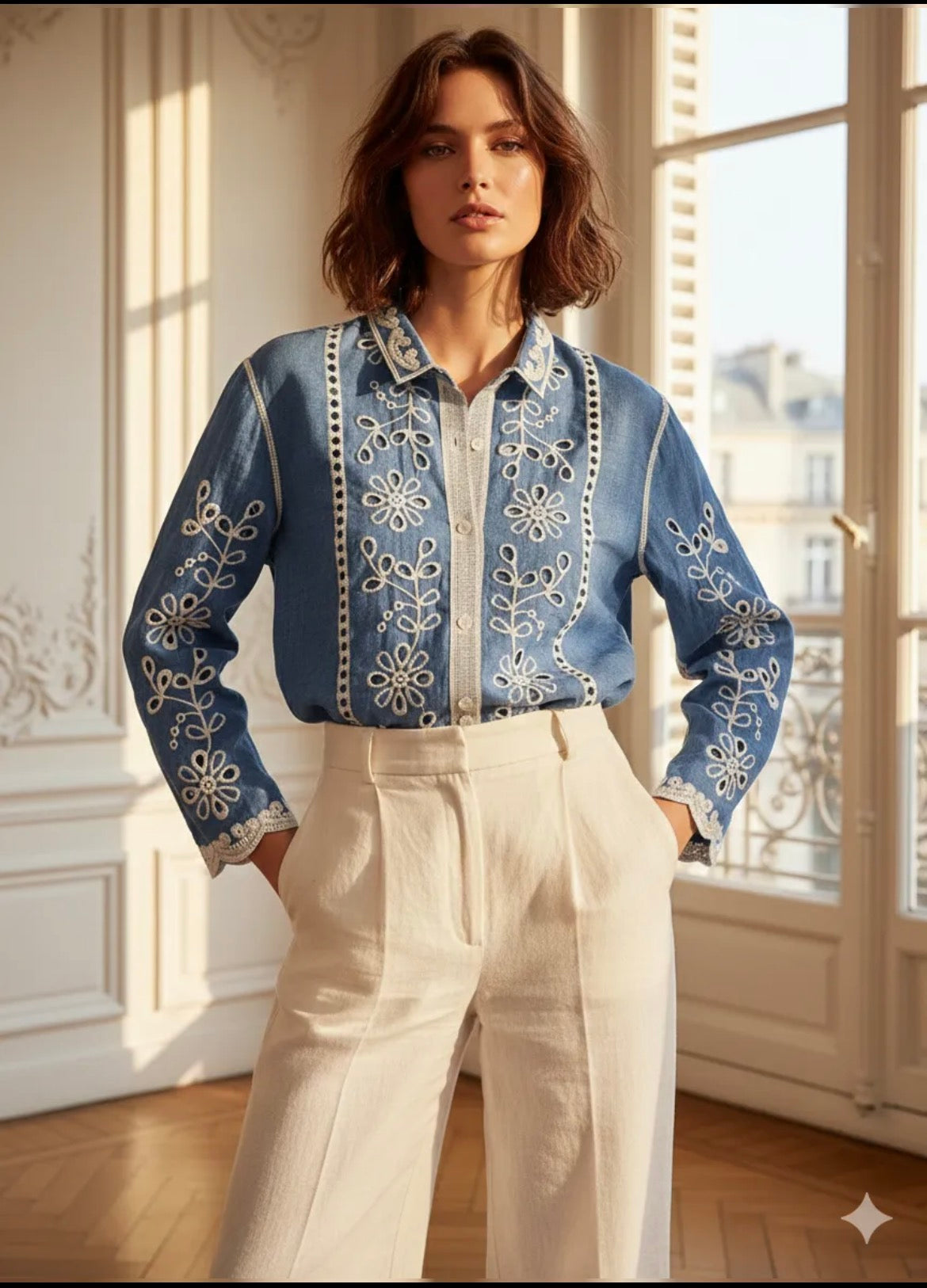 Chemise En coton Effet Jean Brodé Ajouré