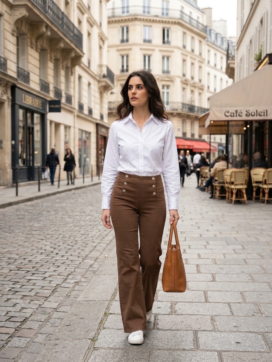 Jean Flare Beige à Pont – Coupe Évasée & Taille Haute